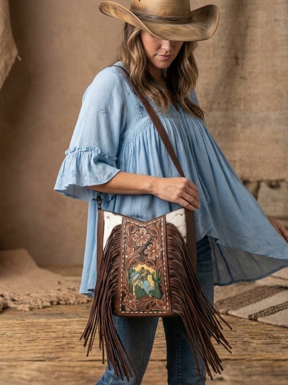 American Darling Bronco in the Desert Boho Fringe Leather Crossbody Bag
